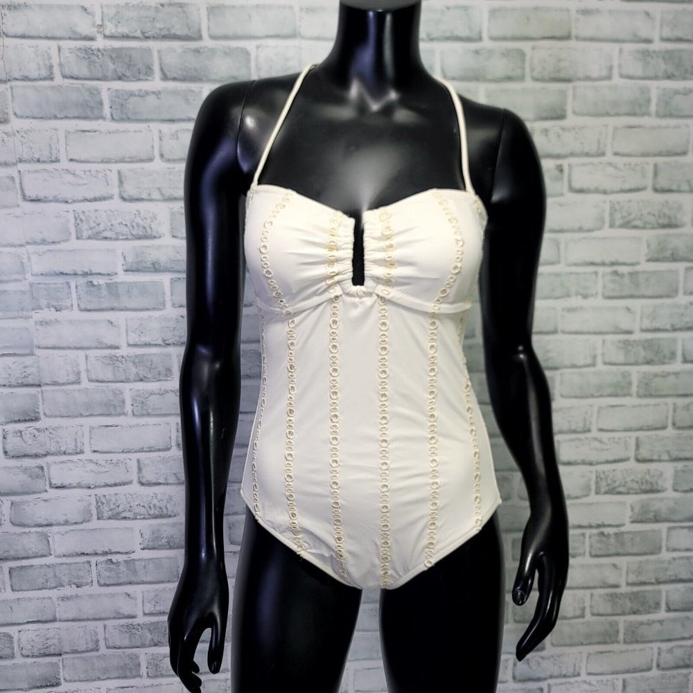 VS Y2K Womens M Ivory One Piece Swimsuit Halter Neckline Eyelet Detail‎ Swimwear